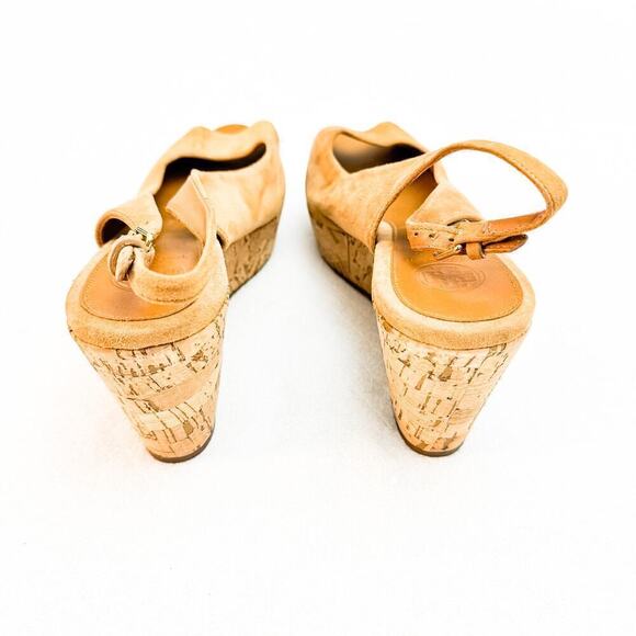Tory Burch Tan Suede Peep Toe Wedge Slingback Sandals Size 8 - Picture 7 of 7